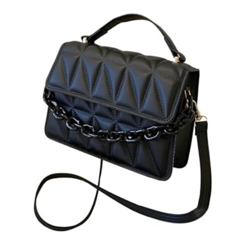 Quilted Black Vegan Leather Square Crossbody Bag Mini Satchel Handbags